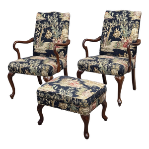 Pair of Vintage Queen Anne Chairs and Ottoman With Black Toile Upholstery