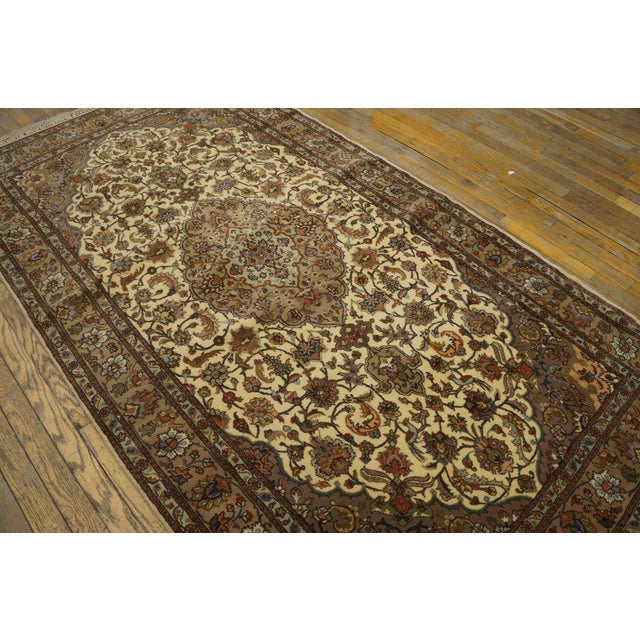 Persian 1940s Ivory Medallion Antique Persian Tabriz Rug 4'0" X 7'6 Handknotted Wool Carpet For Sale - Image 3 of 6