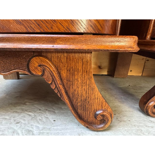 1920s Exceptional Pair of Carved Tiger Oak Art Deco Nightstands For Sale - Image 6 of 16