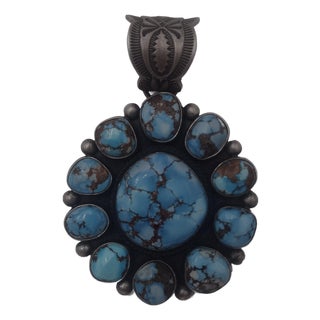 Golden Hills Turquoise 11-Stone Floral Cluster Pendant by Elgin Tom Authentic Native American Handmade For Sale