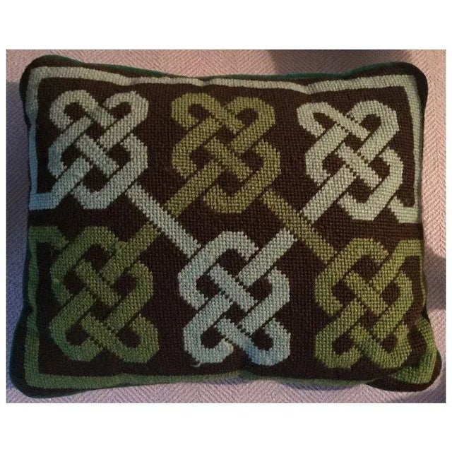 Late 20th Century Vintage Needlepoint Wool Pillow With Geometric Knot Design in Shades of Green and Brown For Sale - Image 5 of 10