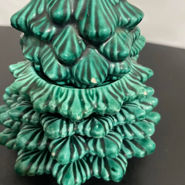 Green Vintage Ceramic Christmas Tree Stacking Ashtrays With Lighter 7” For Sale - Image 8 of 12