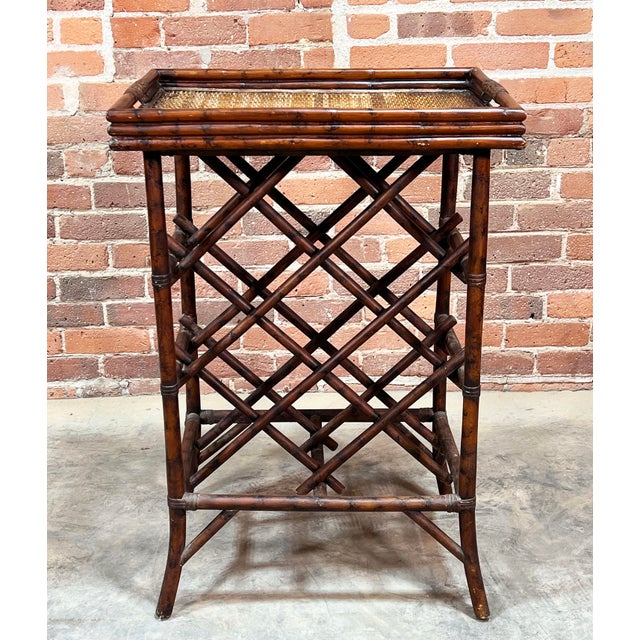 Wood Vintage Hollywood Regency / Chinoiserie Burnt Bamboo & Rattan Wine Rack For Sale - Image 7 of 11