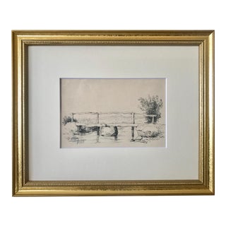 Antique European School Drawing of a Bridge Artist Signed Dated 1883 For Sale