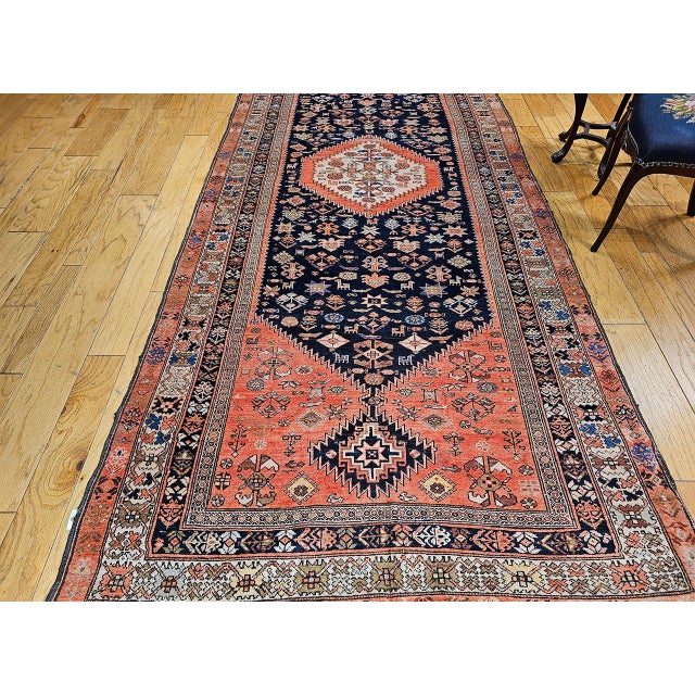 Antique Malayer Tribal Gallery Rug, Hand-Knotted Wool, Geometric Pattern, 5x13, Terracotta & Navy For Sale - Image 10 of 18