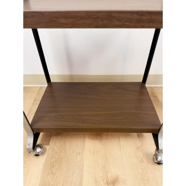 Metal Mid Century Chrome and Wood Laminate Bar Cart, Rolling Serving Cart For Sale - Image 7 of 7