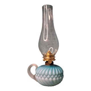 Rare Antique Blue Satin Glass Oil Kerosene Finger Lamp Hand-Blown Uv Reactive For Sale