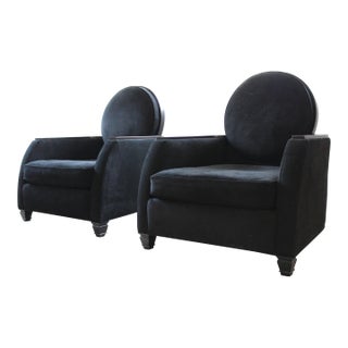 1980s A Pair of Postmodern Black Suede Lounge Chairs, Wood Frame & Round Backrest For Sale