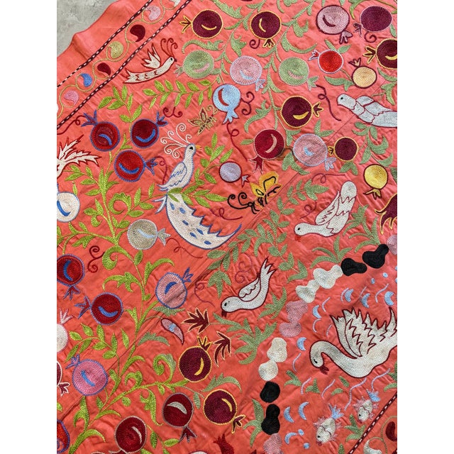 Red Coral Silk Suzani Wall Decor With White Cranes For Sale - Image 8 of 9