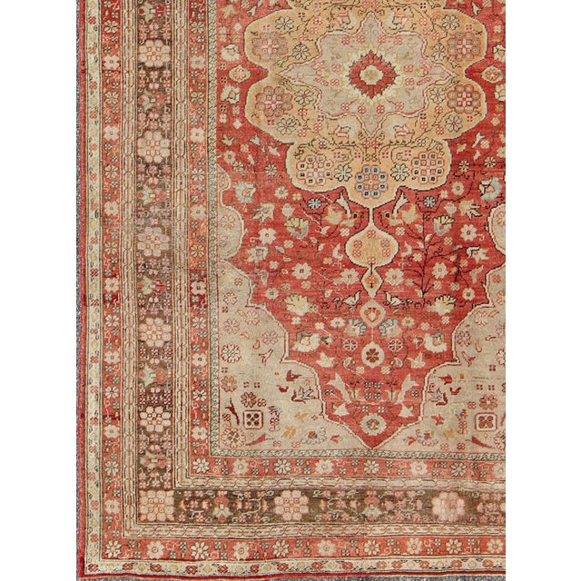 Tribal Antique Oushak Rug With Medallion in Soft Red, Brown and Tan 6'2" X 9'10" For Sale - Image 3 of 8