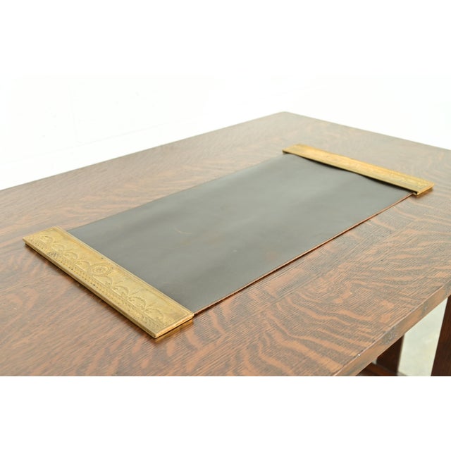 Art Deco Tiffany Studios New York "Adam" Bronze Doré Blotter Ends With Leather Desk Blotter For Sale - Image 3 of 12