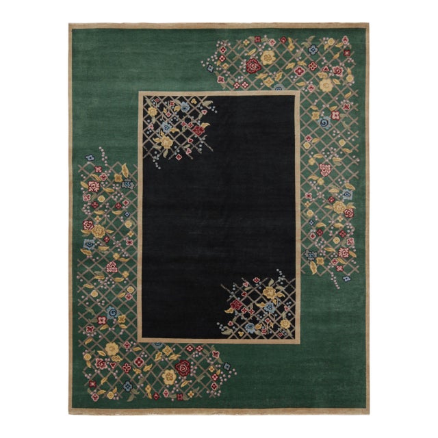 2010s Rug & Kilim’s Chinese Art Deco Style Rug in Black & Green With Floral Pattern For Sale