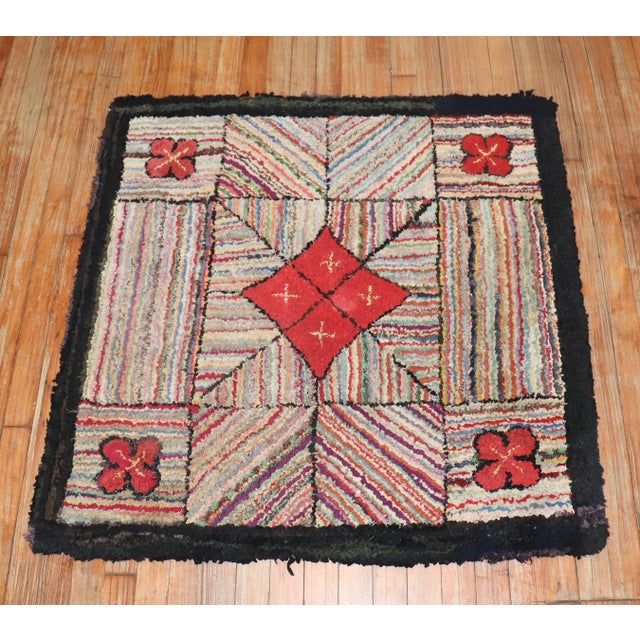 Mid 20th Century Mid 20th Century Square American Hooked Scatter Rug For Sale - Image 5 of 18