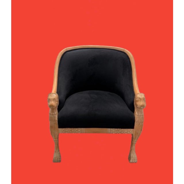 The perfect vintage accent chair French empire style, featuring detailed carving of ram head’s and hoofed legs original...