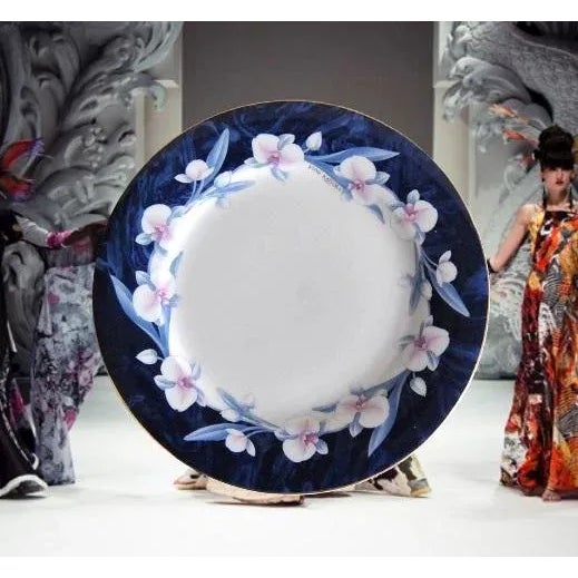 Blue Cobalt Blue White Porcelain Decorative Plate With Orchids French Colonial Signed Yumi Katsura For Sale - Image 8 of 10