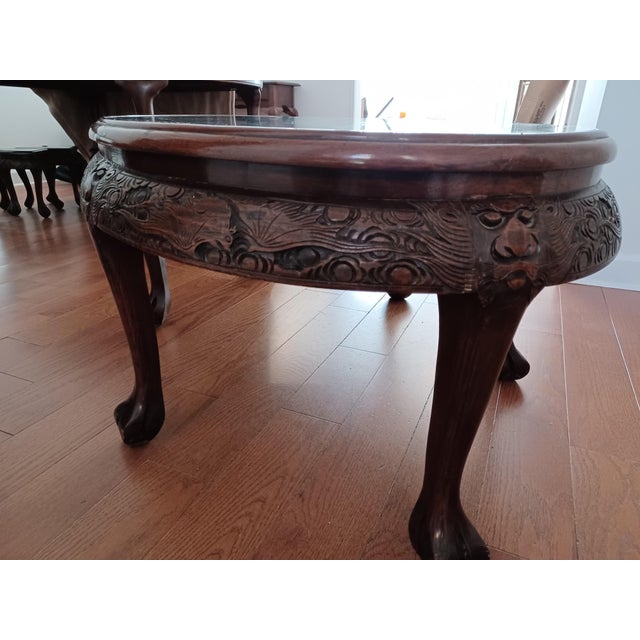 20th Century Asian Mahogany Carved Tea Table and Stools - 7 Pieces For Sale In New York - Image 6 of 8