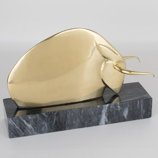 Art Deco Polished Brass and Marble LongHorn Bull Bookends For Sale - Image 11 of 14