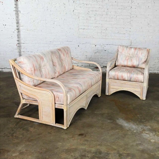Cerused Reeded Rattan Love Seat & Lounge Chair Manner of Gabriella Crespi For Sale - Image 12 of 13