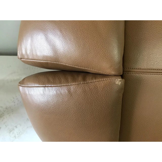 Expertly restored and reupholstered in fine leather (camel tone), this vintage 1960s unique and sculptural Italian chair...