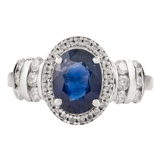 1.33Ct Vivid Blue Sapphire & Diamond Halo Vintage Cluster Ring in 14k Gold Size 7 For Sale