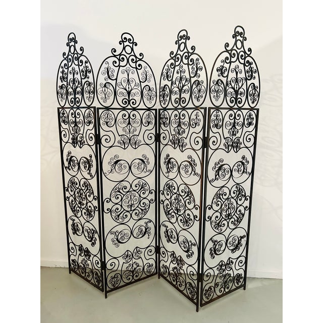 Spanish Revival Style 1960s 4 Panel Iron Ornate Scrolled Folding Screen Room Divider Woodard Unmarked For Sale - Image 12 of 14