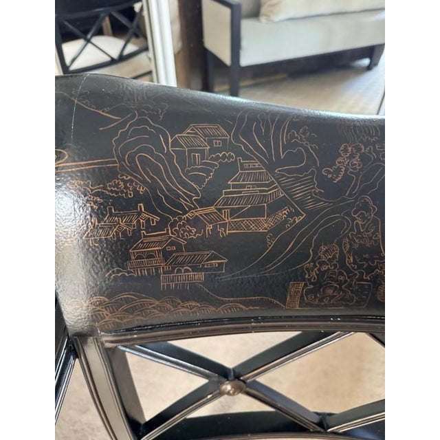 Late 20th Century Pair of Regency-Style Chinoiserie Ebonized Armchairs With Hand-Painted Scenic Decoration, Upholstered in Kravet Versailles Velvet For Sale - Image 4 of 11