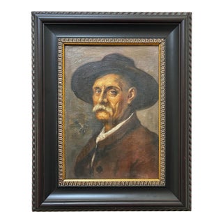 Original Antique European Moody Oil Portrait Painting of Gentleman in Hat Circa 1937 For Sale