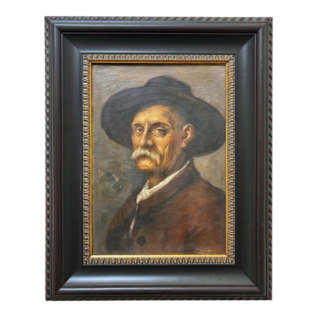 Original Antique European Moody Oil Portrait Painting of Gentleman in Hat Circa 1937 For Sale