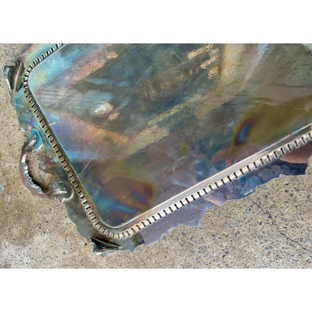 Mid 20th Century Birmingham Large Footed Silver Plate Serving Tray Etched Reticulated Raised Edge For Sale - Image 10 of 12
