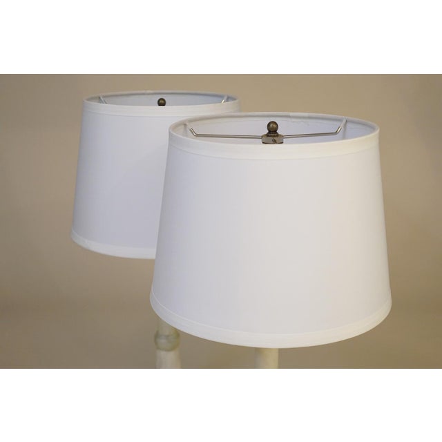1930s Art Deco Streamline Alabaster Marble Brass Candlestick Table Lamps Italy - a Pair For Sale - Image 12 of 13