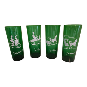 1950s Anchor Hocking Green Glass Tea for Two Iced Tea Tumblers With White Graphics "Gas Buggy" & Others- Set of 4