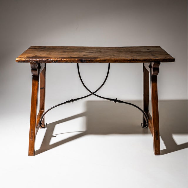 Brown Provincial Table with Iron Stretcher, Spain, 19th Century For Sale - Image 8 of 8