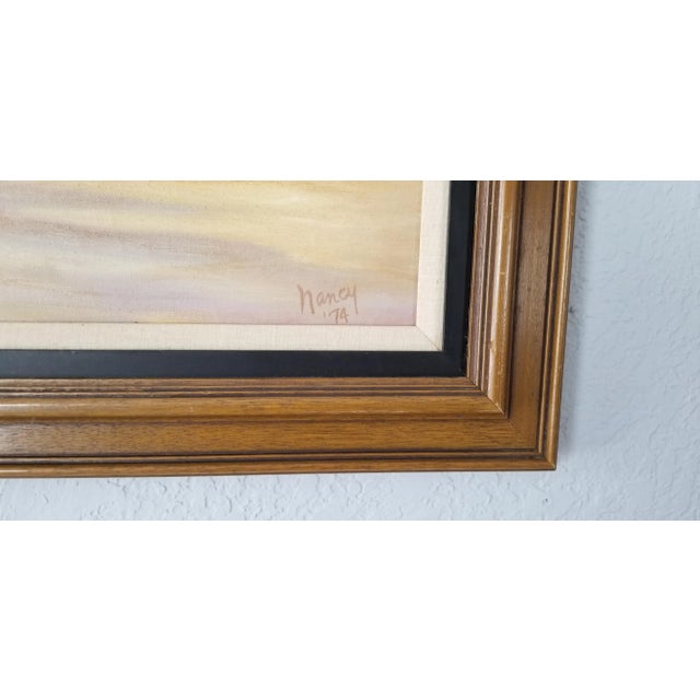 1970s 1974 Nancy Sunset Landscape W/ Flying Birds Abstract Painting For Sale - Image 5 of 11