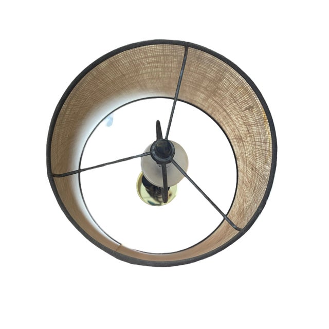 Brown 1970s Rattan and Brass Table Lamps With Burlap Shades - a Pair For Sale - Image 8 of 11