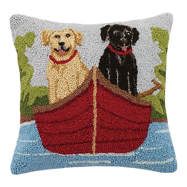 Lab Dogs on Canoe Hook Pillow, 16" x 16" For Sale