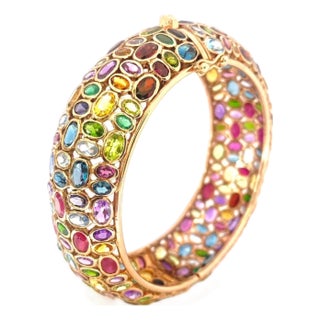 Bochic "Capri" Vintage Ruby & Emerald Multi Gem Bangle Set In 18K Gold & Silver For Sale