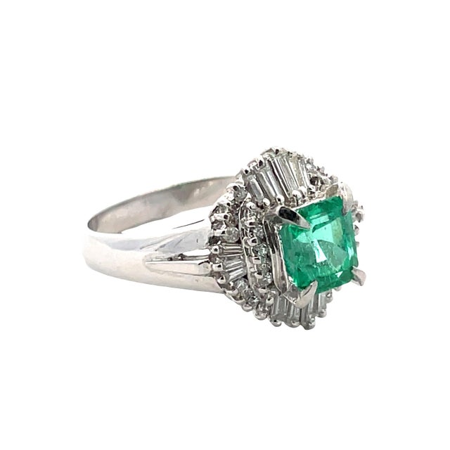 Early 21st Century Platinum 1.02 Carat Weight Emerald & Diamond Halo Ring, Size 7 For Sale - Image 5 of 7