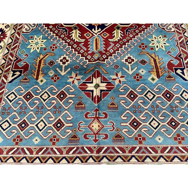 Hand-Knotted Blue and Red Afghan Medallion Wool Area Rug, 6'9" X 5'0 For Sale - Image 12 of 12