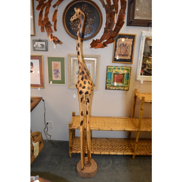 Hand Crafted 5.5' Golden Wood & Brown Standing Wooden Giraffe For Sale - Image 4 of 17