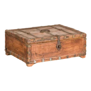 Rustic Indian Document Wooden Box with Brass Details and Partial Opening Top