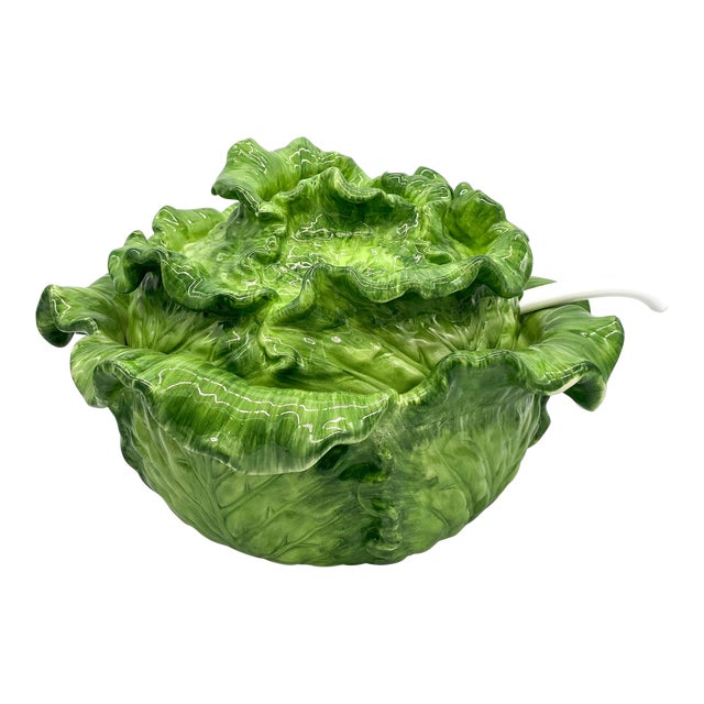 20th Century Green Majolica Cabbage Tureen With Ladle Chairish