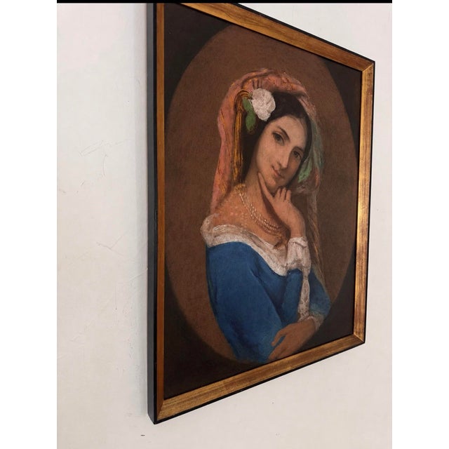 Wood Early 20th Century After François Delarue “Señorita in Blue” Pastel Portrait Under Glass For Sale - Image 7 of 9