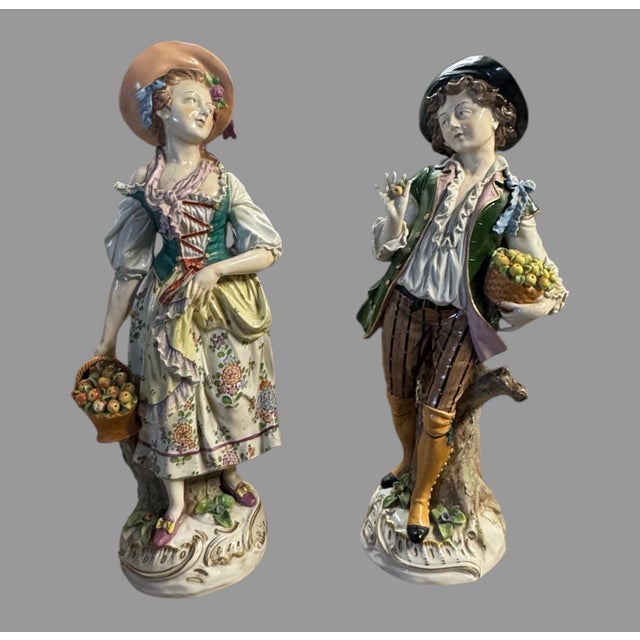 Mid 20th Century Antique Sitzendorf German Porcelain Figurines Pair Fruit Sellers 20” Large For Sale - Image 5 of 12