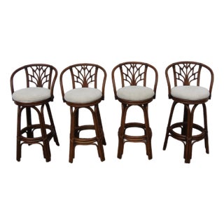 Hollywood Regency Bamboo Rattan Swivel Barstools a Set of Four 6367 For Sale