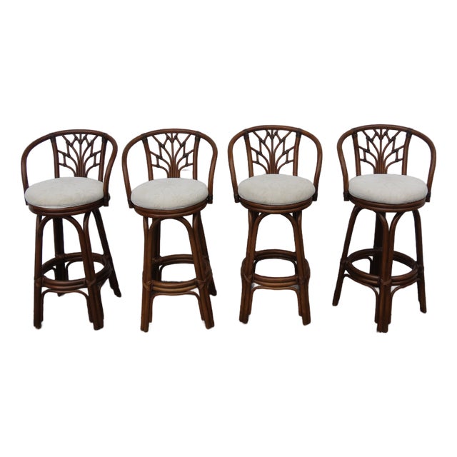 Hollywood Regency Bamboo Rattan Swivel Barstools a Set of Four 6367 For Sale