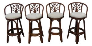 Hollywood Regency Bamboo Rattan Swivel Barstools a Set of Four 6367