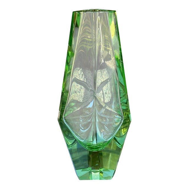 Murano Green Triangular Faceted Art Glass Vase by Bucella Cristalli, 1960s For Sale