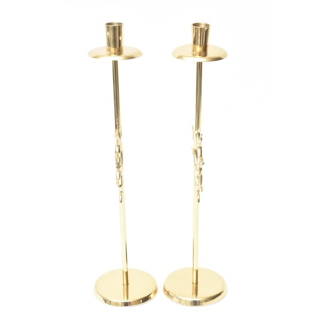 Vintage Fornasetti Style Sun Motif Polished Brass Tall Candlesticks, 1970's For Sale - Image 10 of 11