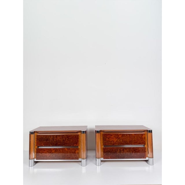 Mid-Century Burl Wood, Chrome and Acrylic Glass Nightstands, 1970s, Set of 2 For Sale - Image 17 of 18