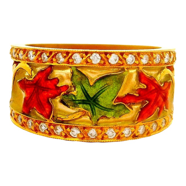 Masriera Diamond 18k Yellow Gold Enamel Leaves Motif Ring, Size 7.25 For Sale